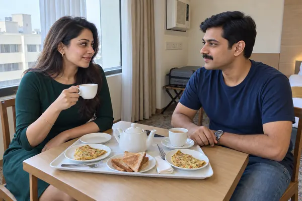 A Mumbai escort and her client at breakfast in a Vashi hotel room the morning after a full night booking